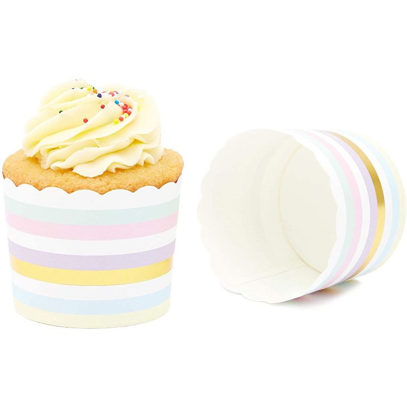 Sparkle and Bash 50 Pack Muffin Liners - Pastel and Gold Foil Striped Cupcake Wrappers Paper Baking Cups