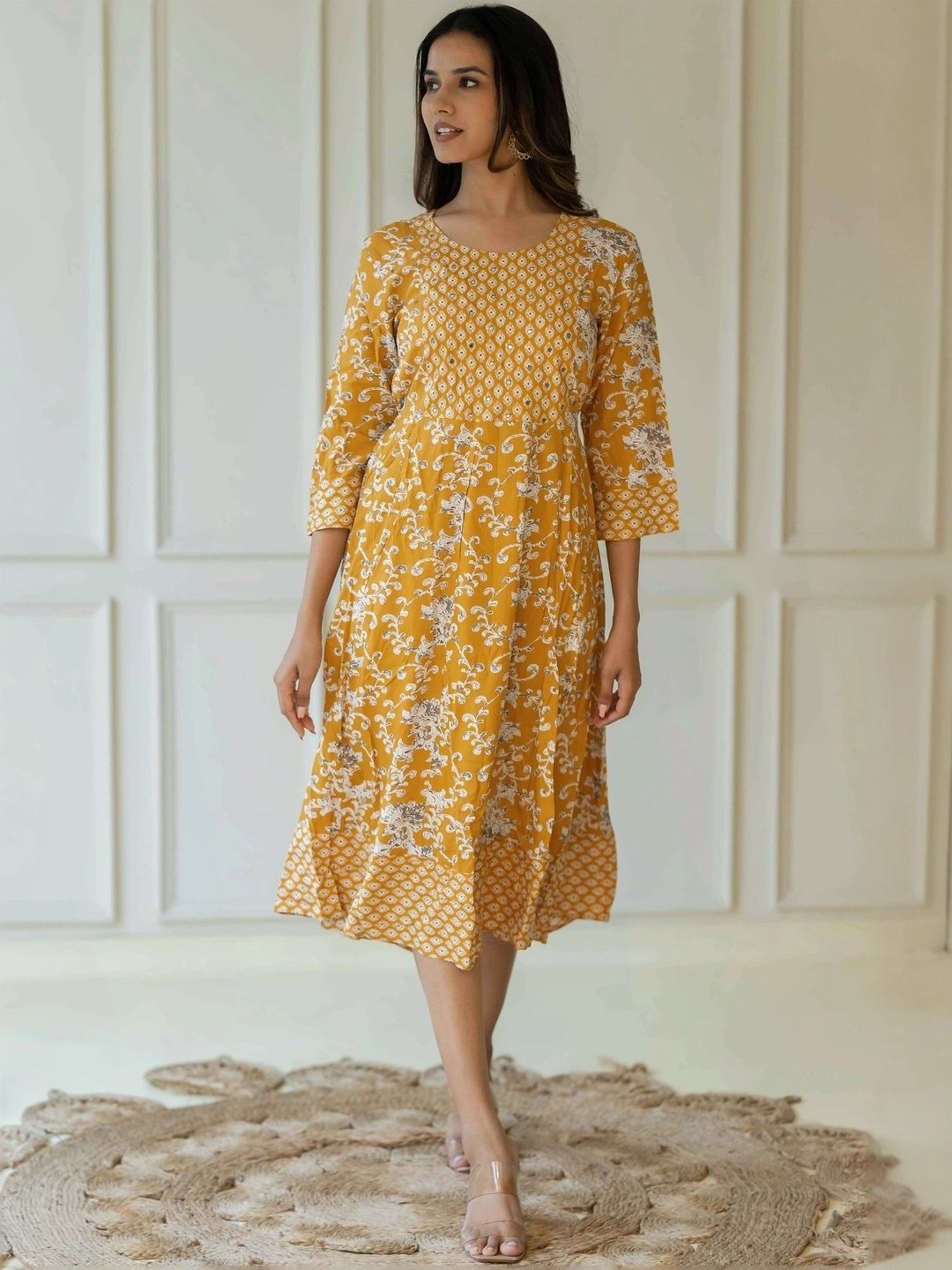 MIRCHI FASHION Yellow Cotton Printed A-Line Dress