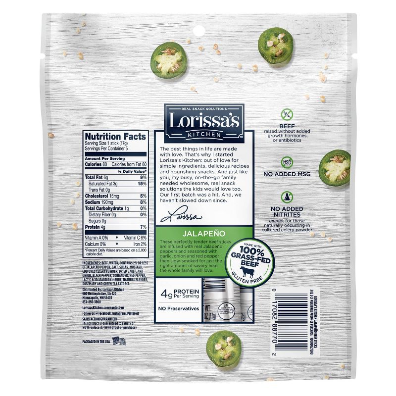 Lorissa's Kitchen 100% Grass Fed Jalepeno Beef Stick - 3oz/5ct
