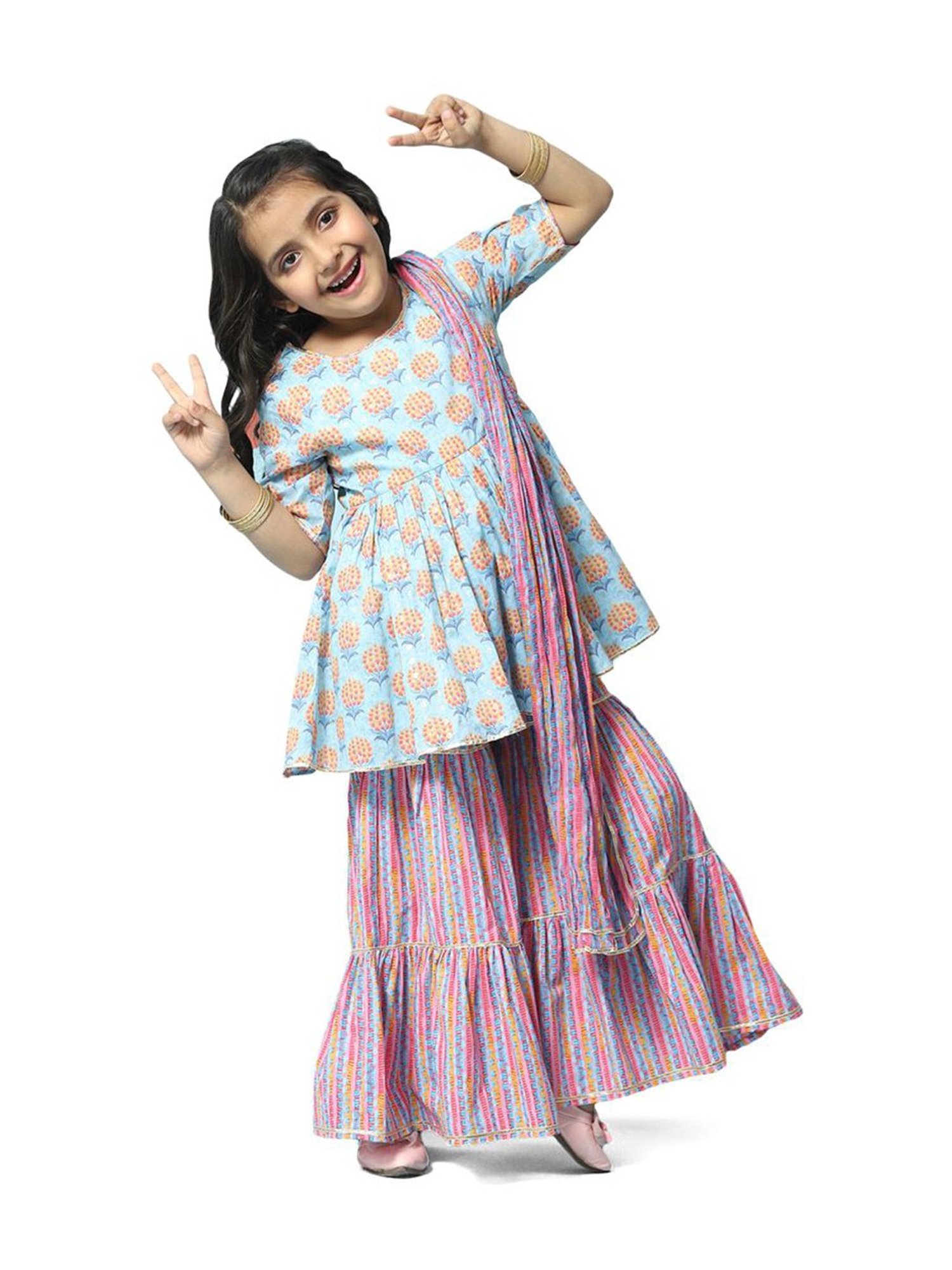 BIBA Girls Blue & Pink Cotton Printed Kurta Set