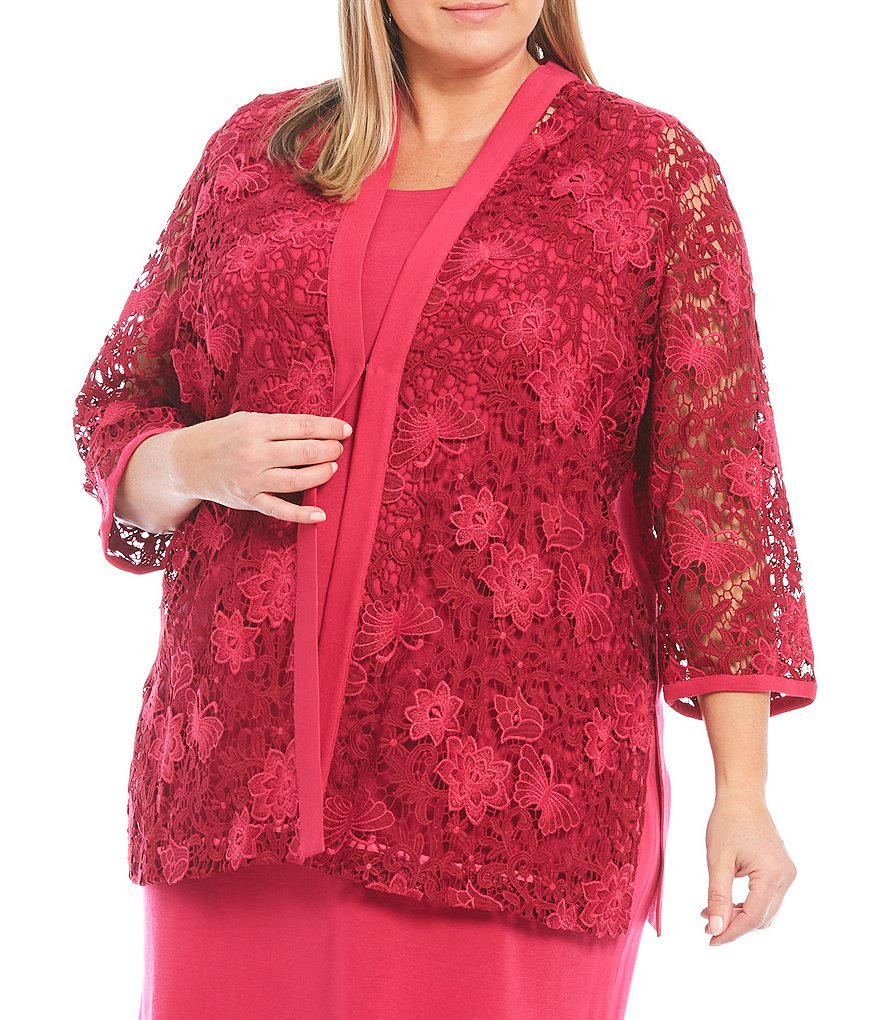Ming Wang Plus Size 3/4 Sleeve Lace Front Embroidery Jacket