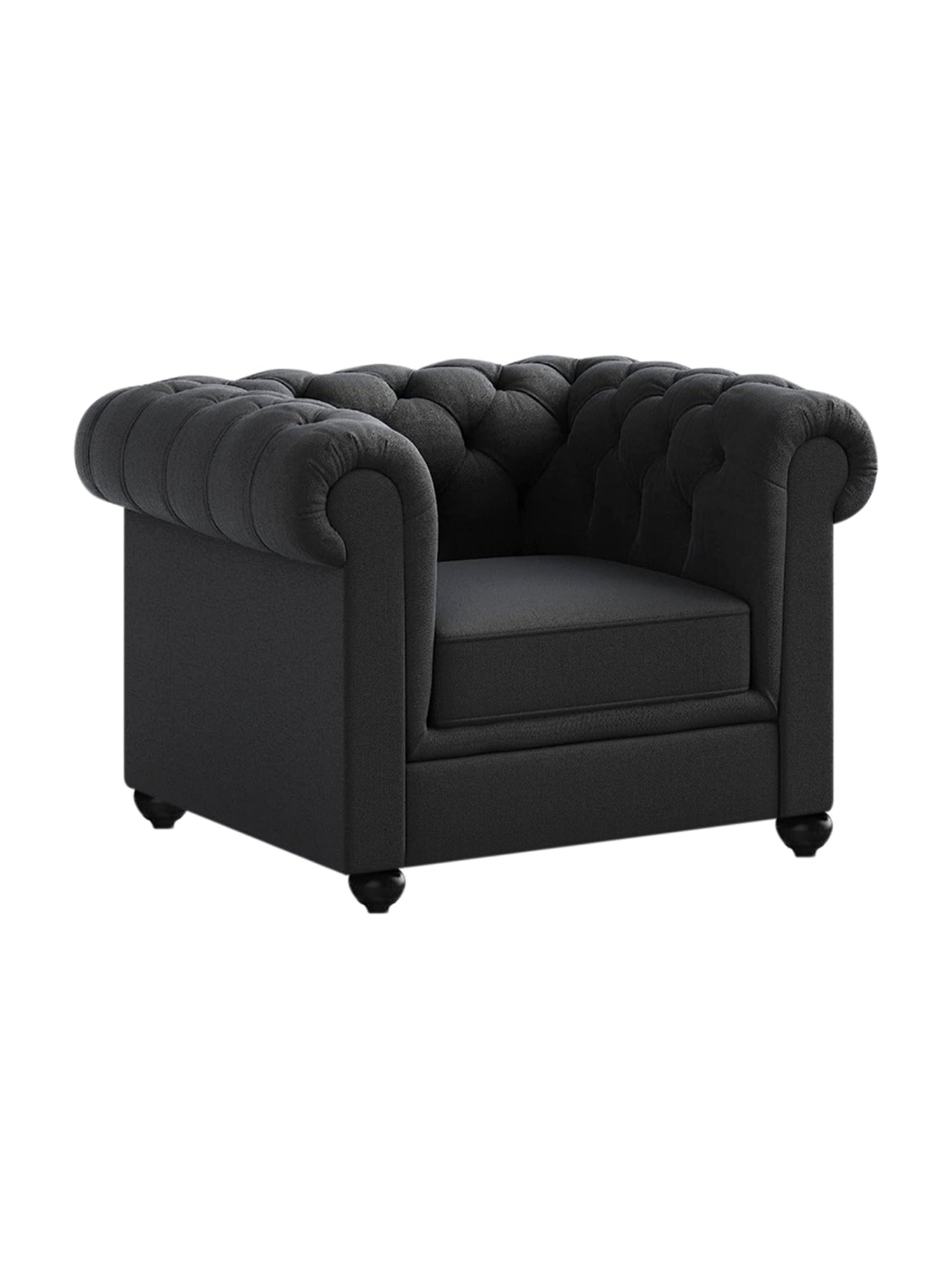Trevi Manchester Quilted Black Fabric & Neem Wood 1 Seater Sofa