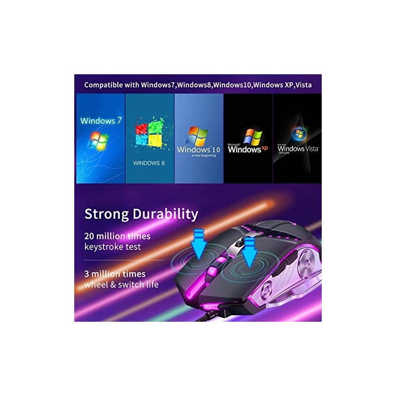 Gaming Mouse Wired Ergonomic Computer Mice with 7 Programmable Buttons 4 Circular Breathing LED Light 4 Adjustable DPI Up to 3200 for PC Mac Laptop and Gamer