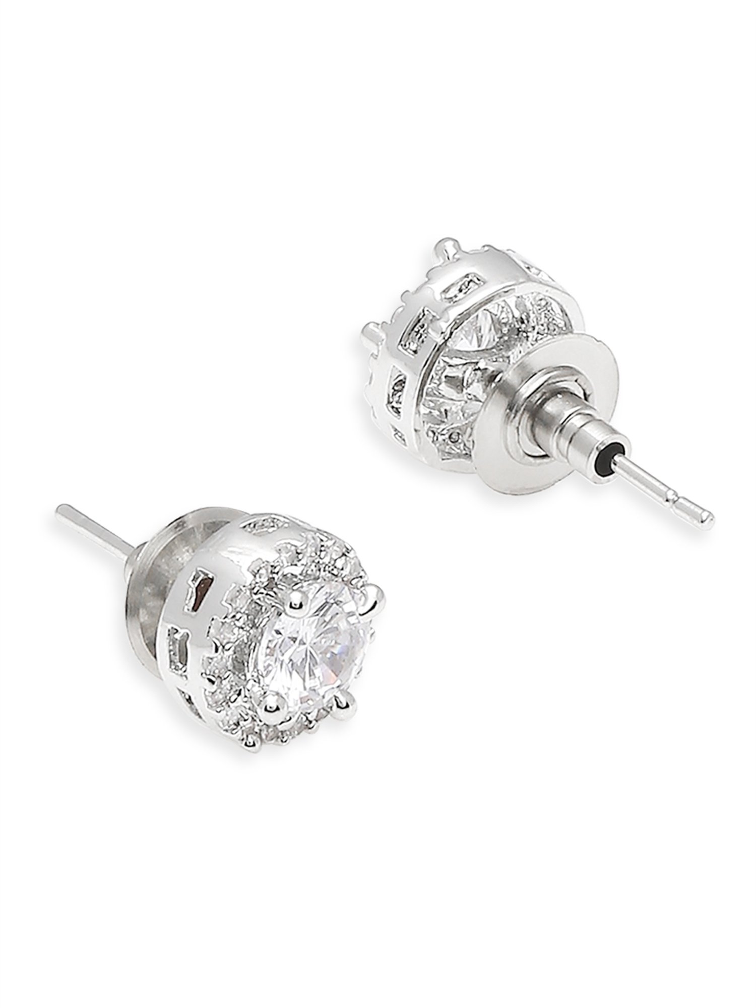 OOMPH Silver Tone Solitaire Cubic Zirconia Ear Stud Earrings, Ring & Pendant Set