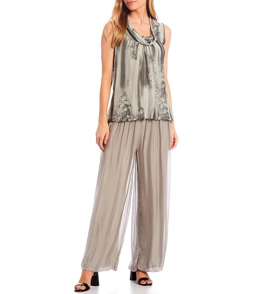 M Made in Italy Drape Neck Sleeveless Silk Blend Abstract Floral Motif Tunic