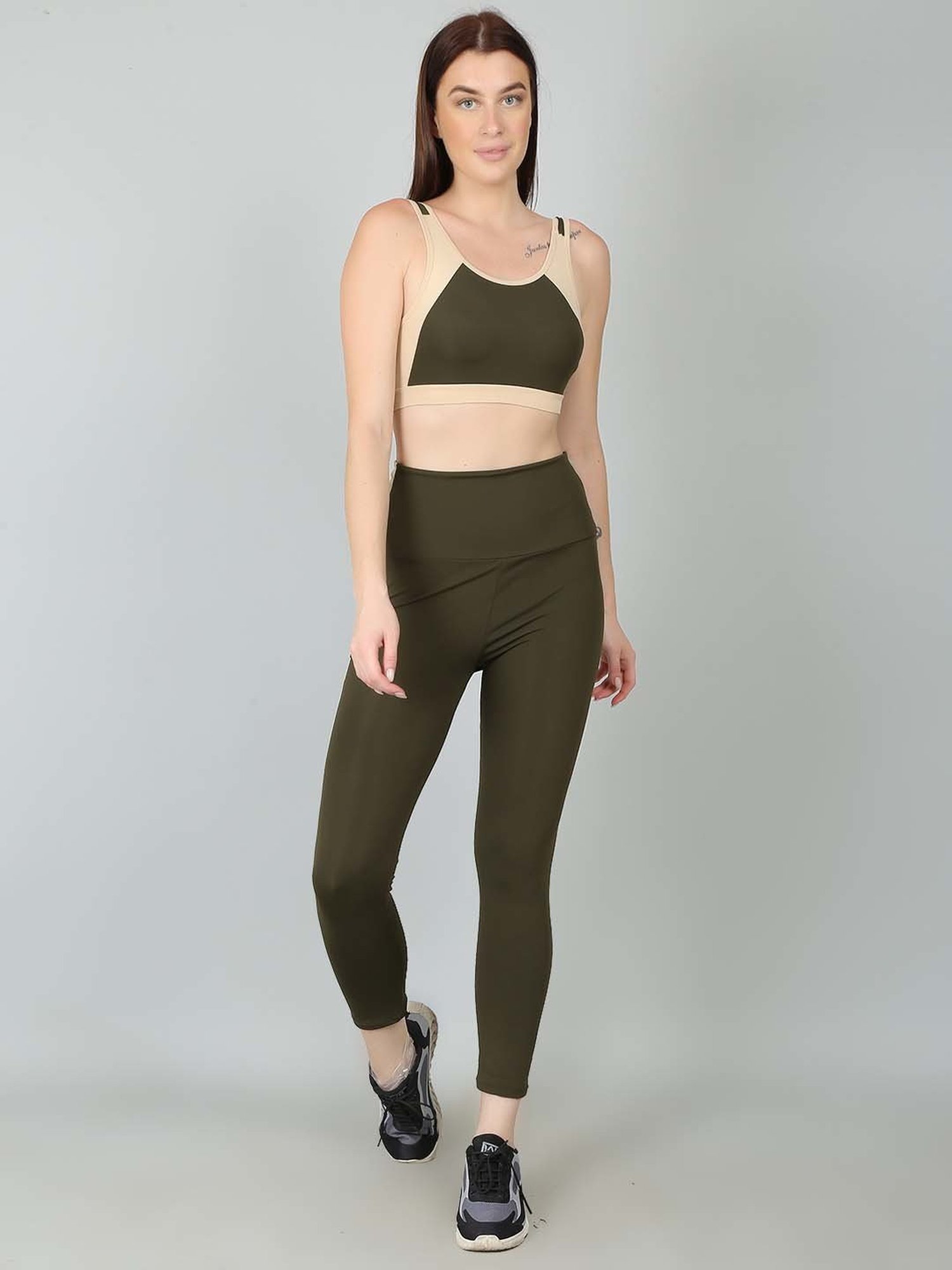 N-Gal Green & Beige Printed Sports Bra With Tights Set