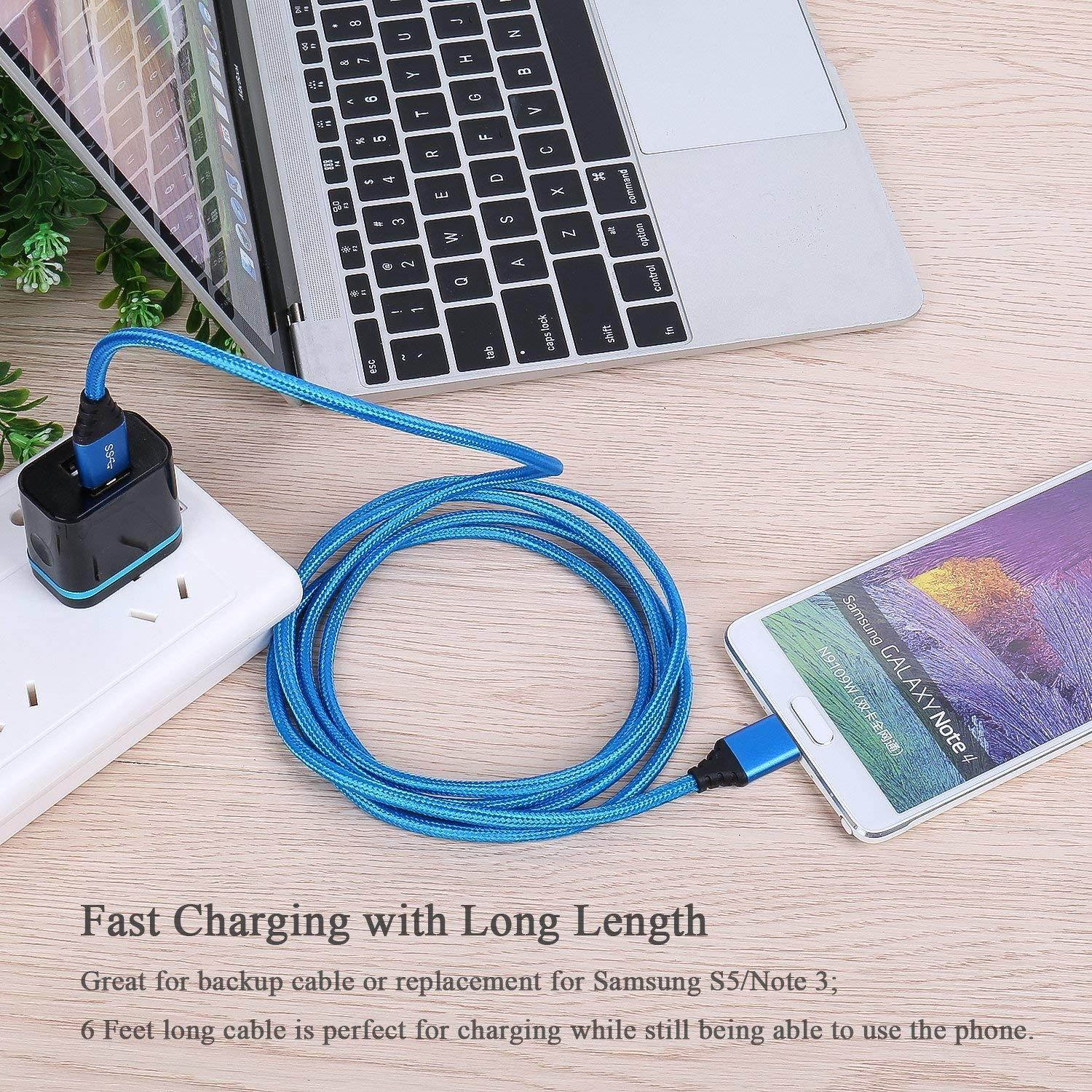Galaxy S5/Note 3 Charger, Besgoods 2-Pack 6ft Braided USB 3.0 Type A to Micro-B Data Cable for External Hard Drive, Samsung Galaxy S5, Note 3, Tab Pro 12.2, Blue White