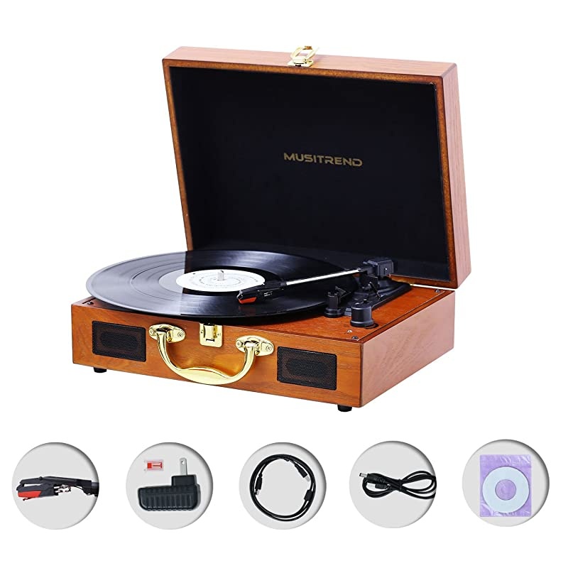 Bluetooth Portable Suitcase Record Player, 3-Speed Belt-Drive Vinyl Record Player with Stereo Speakers Headphone Jack Aux Input RCA Line Out, Vintage Style Turntable (Black)