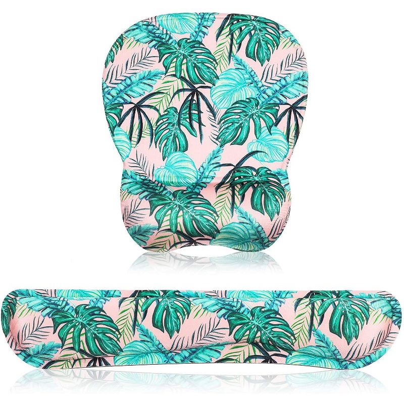 Okuna Outpost Set of 2 Computer Mouse Pad with Wrist Support and Keyboard Rest, Tropical Palm Leaves