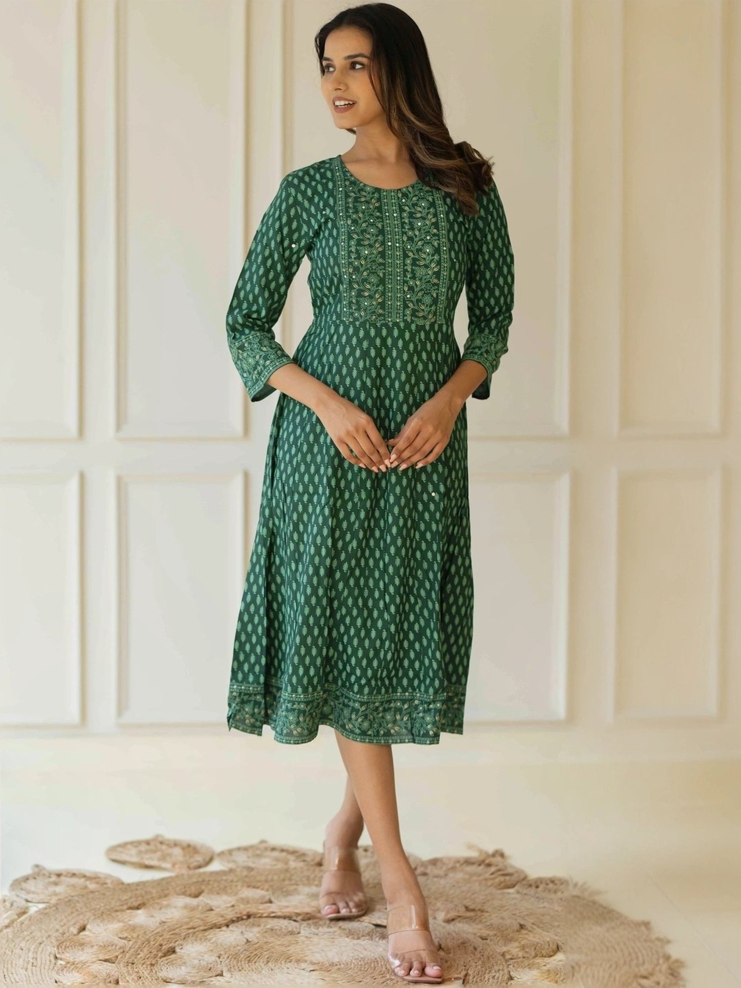 MIRCHI FASHION Green Cotton Printed A-Line Dress