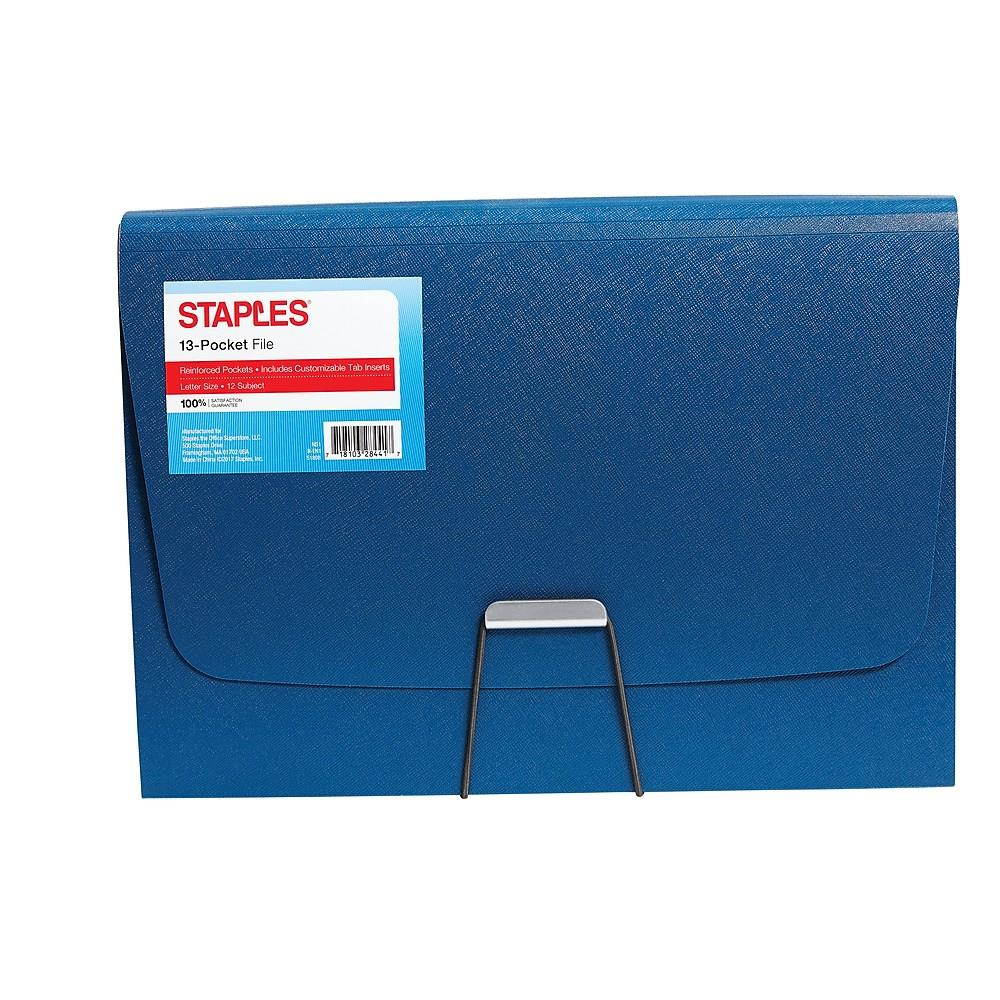 Staples Plastic 13-Pocket Reinforced Expanding Folder Letter Size Blue TR52014