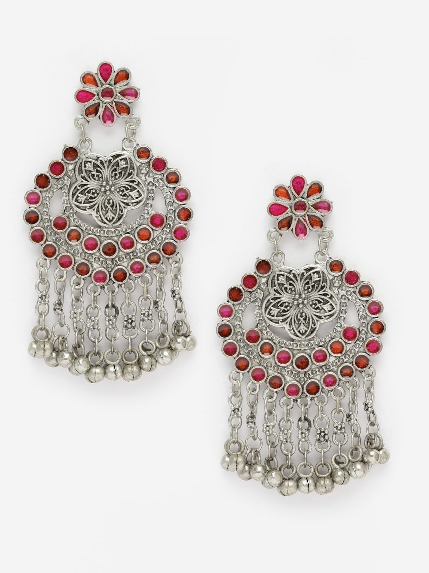 Moedbuille Meenakari Work Ghungroo Antique Tasselled Design Oxidised Silver Plated Earrings