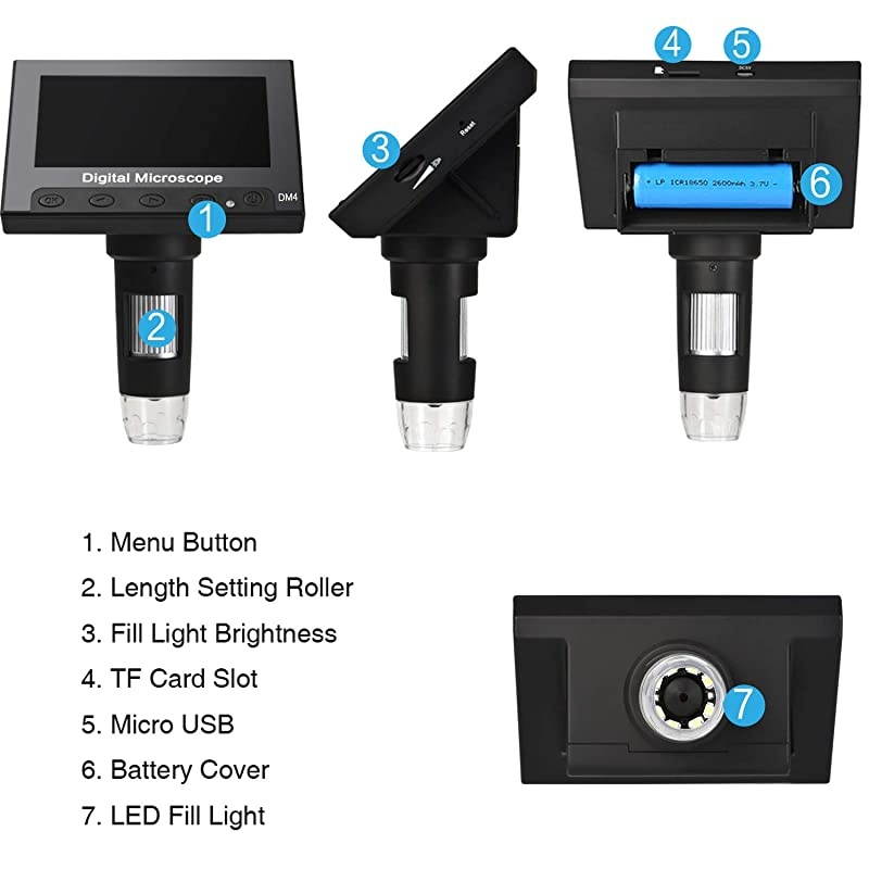 43 inch LCD Digital USB Microscope 720P 10X600X Magnification Zoom Handheld Endoscope Inspection Camera Video Recorder8 LED Adjustable LightRechargeable Lithium Battery MicroSD Storage