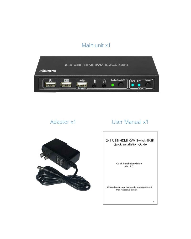 XtremPro 2x1KVM HDMI Port 1.4 & USB Type B w/2 Channels Switch w/USB Type A 2.0 Keyboard, Mouse, Console, Audio & Microphone Port for Window, Mac, Linux, Game consoles, DVD etc- Black (61076)