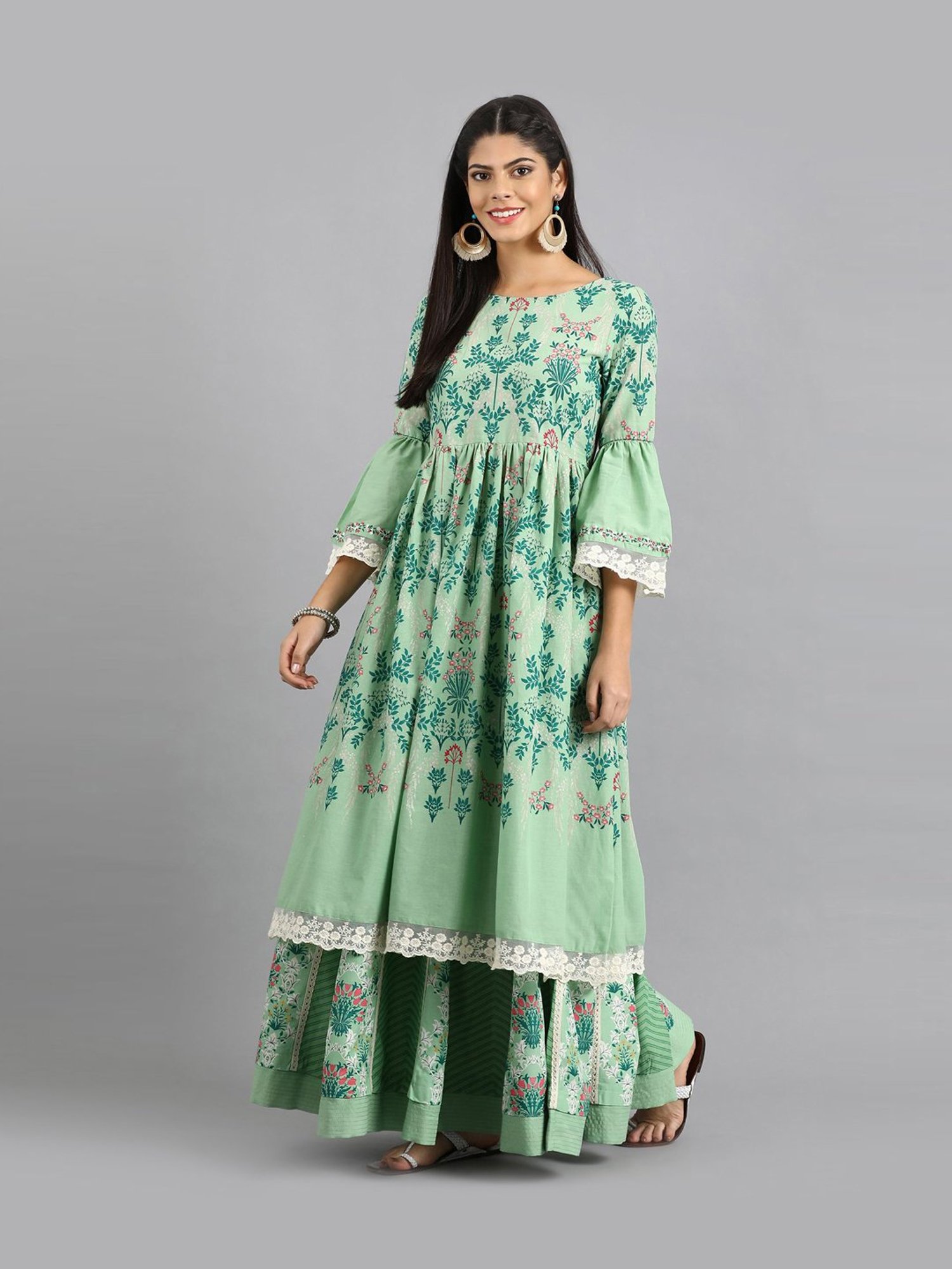 W Green Floral Print Lehenga Skirt