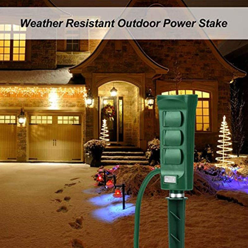 BESTTEN Outdoor Power Stake with 6 Outlets and 9 Foot Extension Cord, Heavy Duty Power Strip with Overload Protection Switch and Weatherproof Protective Covers, ETL Listed, Green