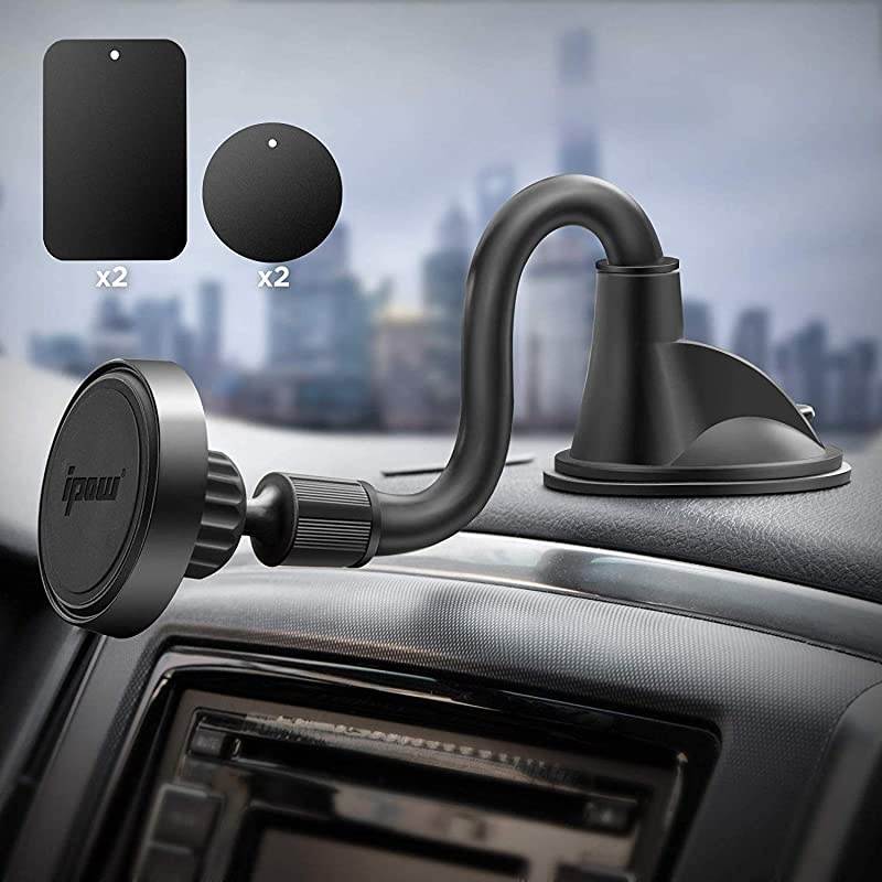 Long Arm Universal Magnetic Cradle Windshield Dashboard Cell Phone Mount Holder with 4 Metal Plates, Soft Firm Goose Arm and Enhanced Suction Cup