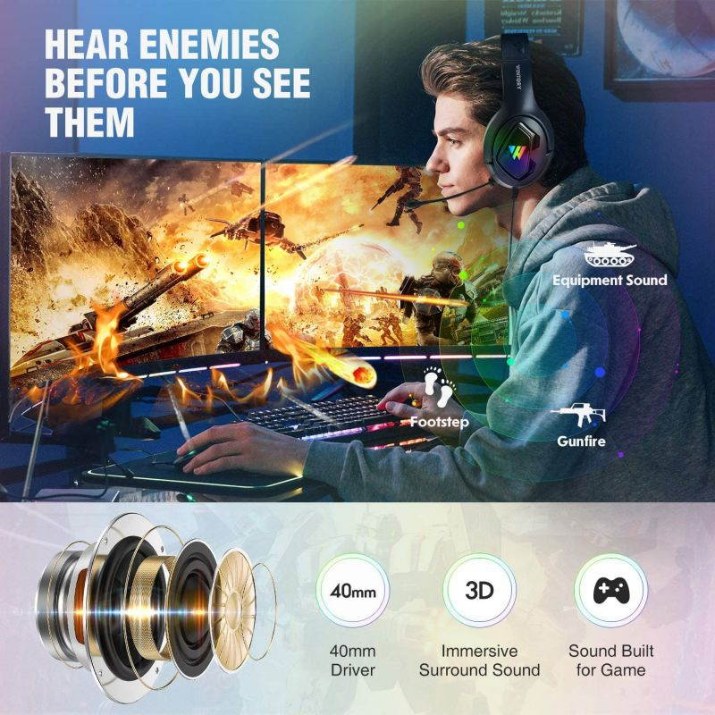 M1 Wired Gaming Headphones 40MM Drivers Stereo Surround Sound Noise Reduction Headset Luminous 3.5mm Adjustable Head-Mounted Gaming Earphone with Mic-Black