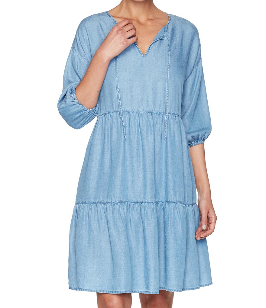 Ruby Rd. Tie Split Neck 3/4 Sleeve Drop-Shoulder Tiered Indigo Tencel Dress