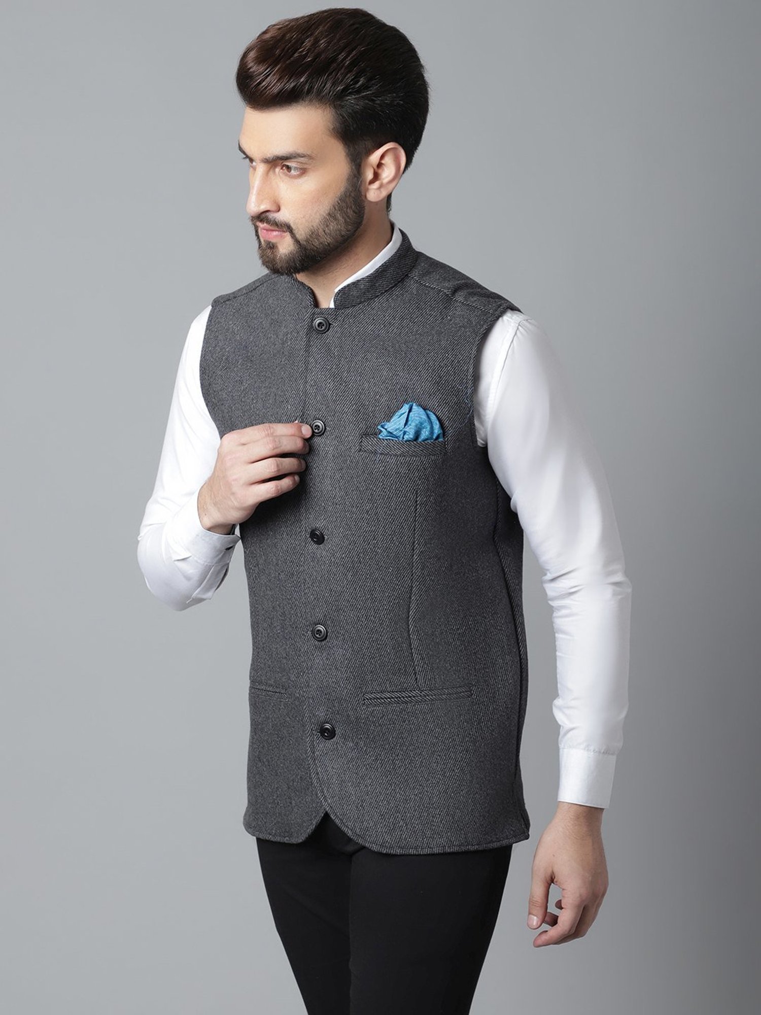Even Grey Regular Fit Texture Nehru Jacket