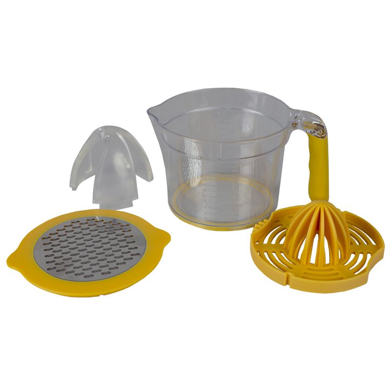 Home Basics 4-in-1  Simple Squeeze Hand Press Manual Food-Grade Plastic Juicer with Built-in Measuring Cup and Egg Separator, Yellow