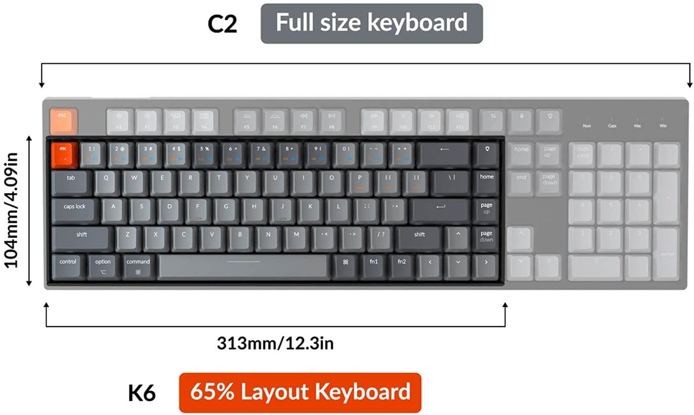 Keychron K6 Hot Swappable Wireless Bluetooth 5.1/Wired Mechanical Gaming Keyboard, 65% Compact 68-Key RGB LED Backlit N-Key Rollover, Doubleshot ABS Keycaps,for Mac Windows