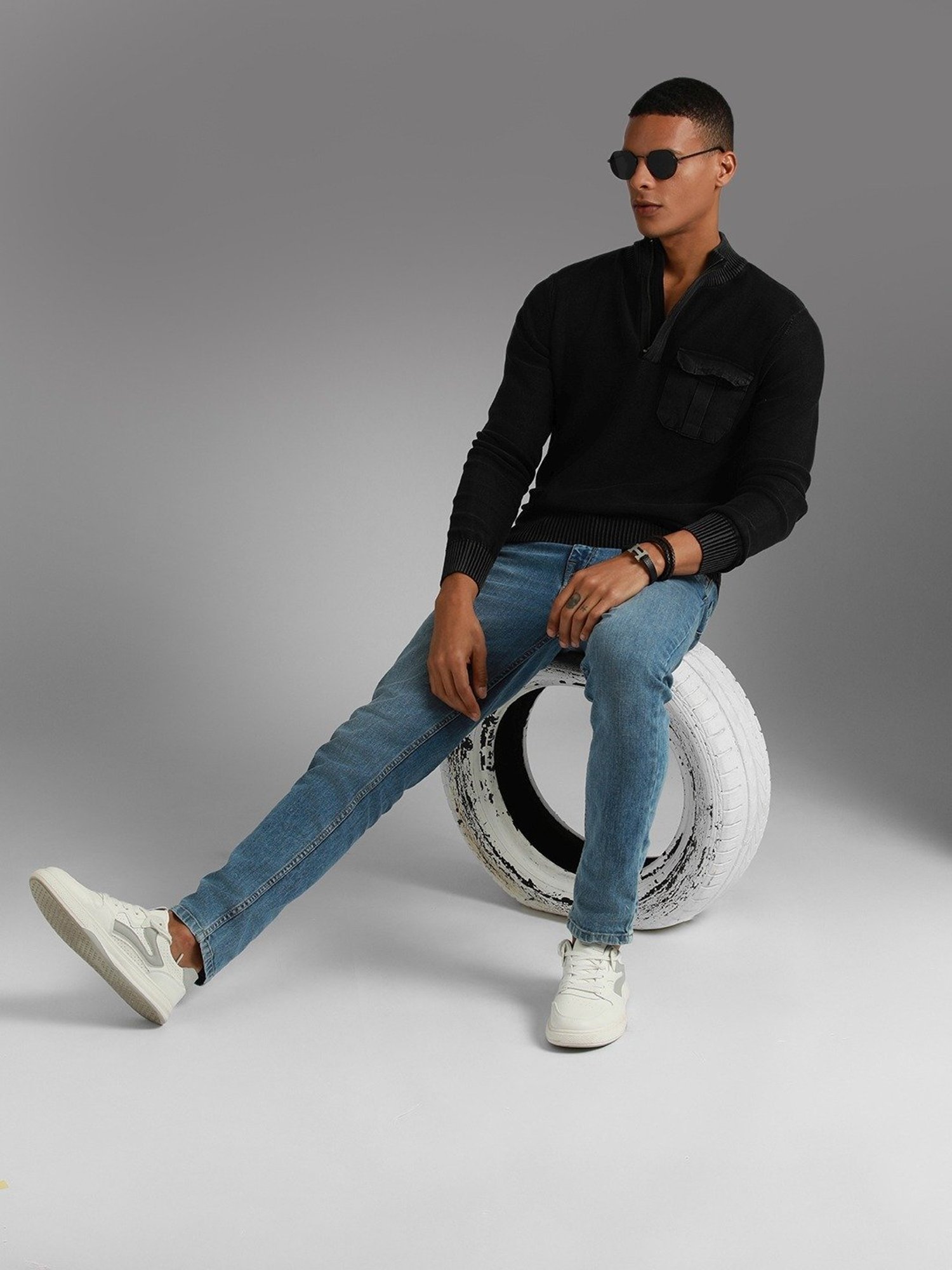 High Star Black Cotton Regular Fit Self Pattern Sweater