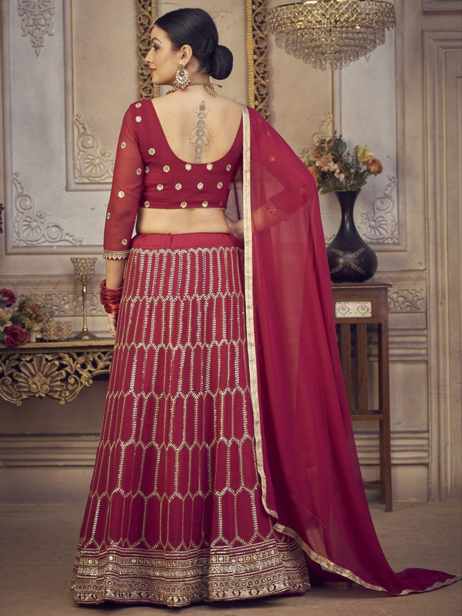 Warthy Ent Maroon Embellished Semi Stitched Lehenga Choli Set With Dupatta