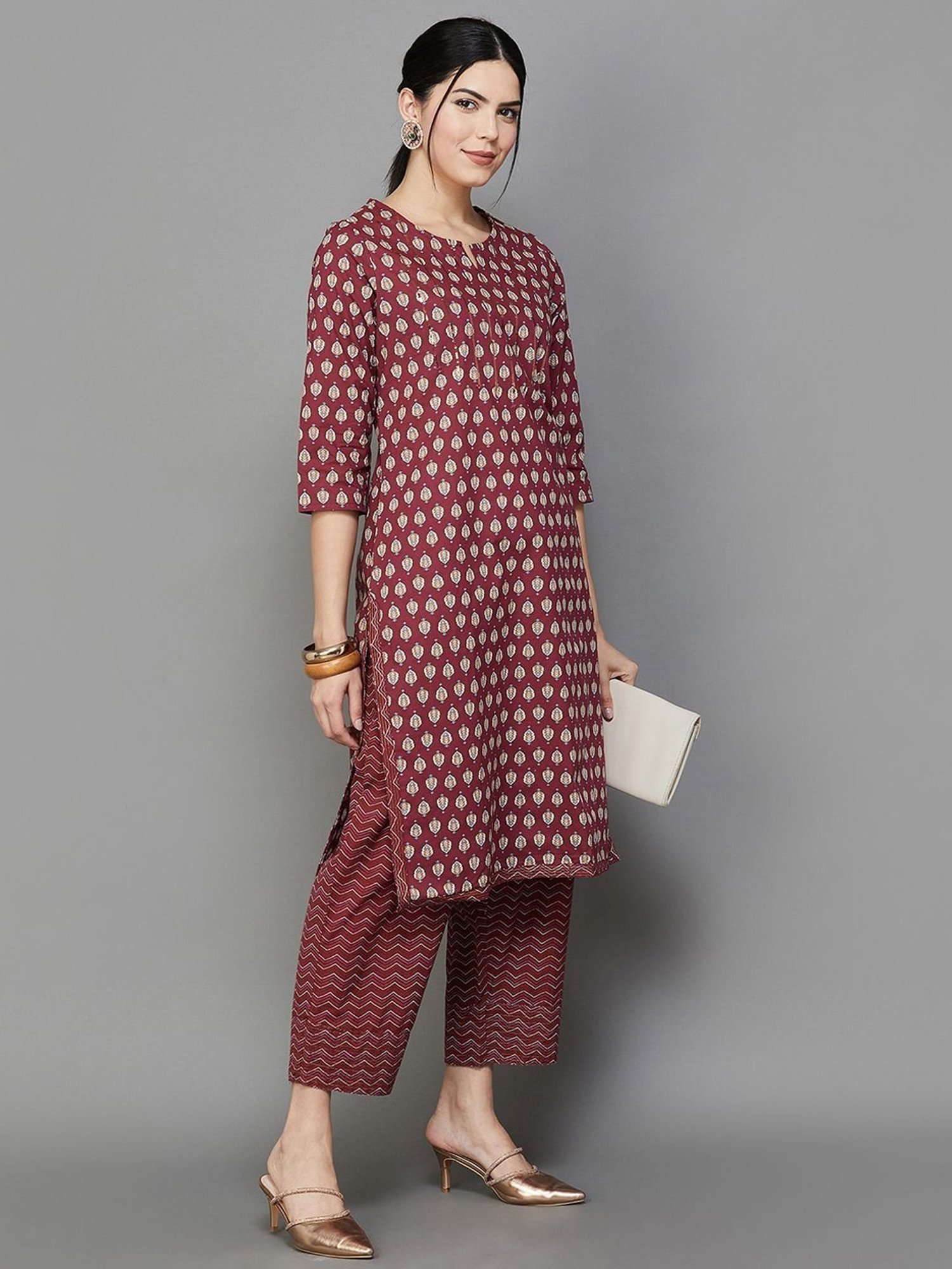 Melange by Lifestyle Maroon Cotton Printed Kurta Pant Set