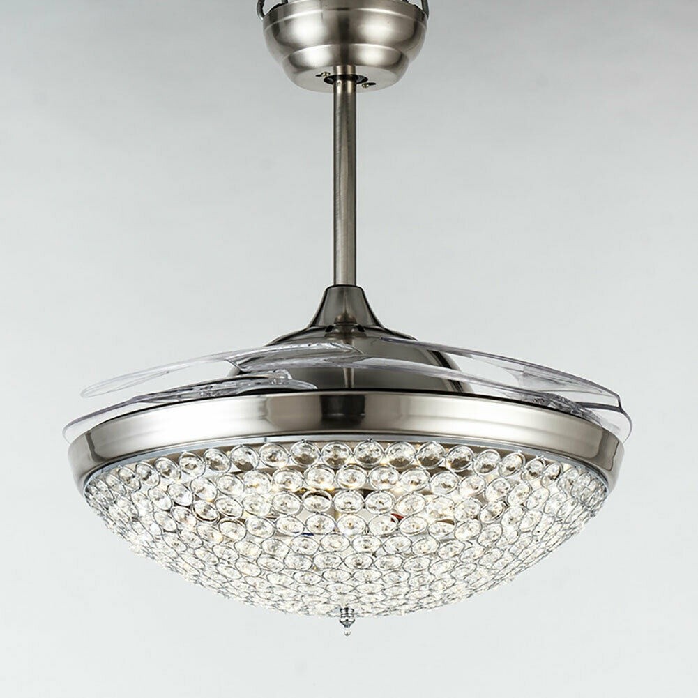 42" Crystal Invisible Fan Chandelier Silver 2-Color Dimming W/Remote Control USA