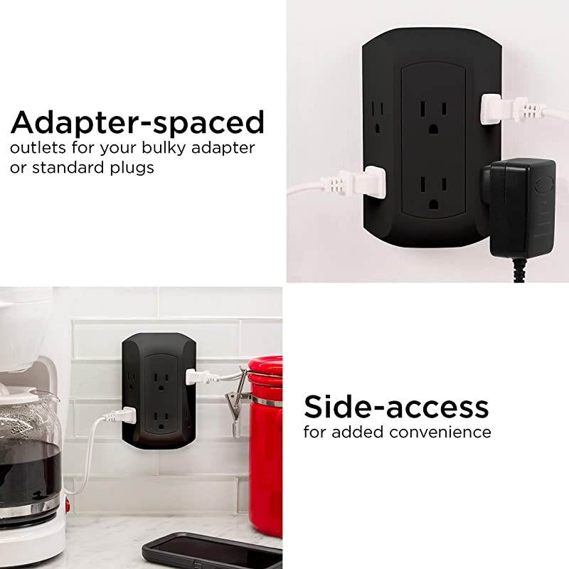 UltraPro 6Outlet Sur Protector Adapter Spaced 3Prong Power Strip Wall Tap Charging Station Side Access Black 47822