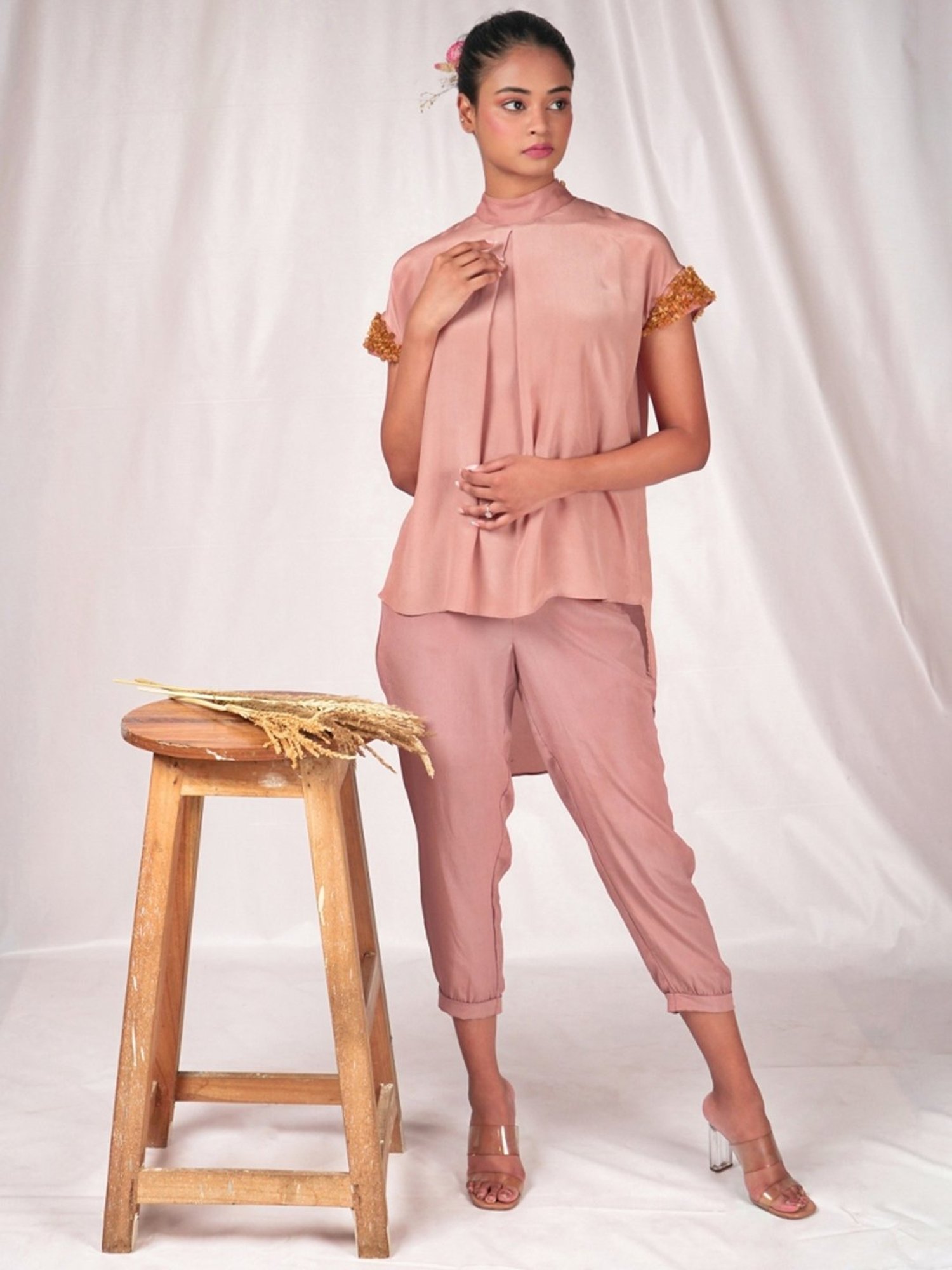 Seesa Pink Spring Summer Fitted Women's Trousers With Turned Up Hemline