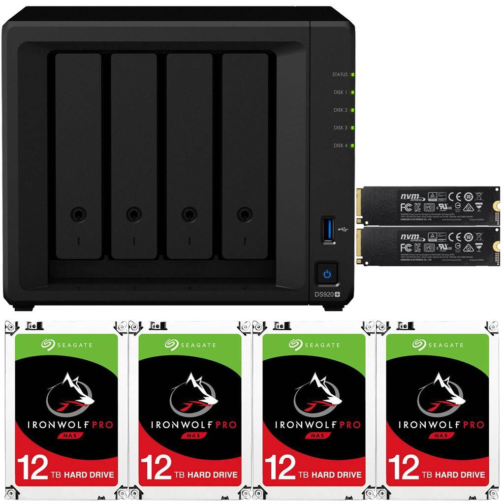 Synology DS920+ DiskStation with 8GB RAM and 48TB (4 x 12TB) of Seagate Ironwolf PRO Drives and 1TB (2x500GB) NVMe Cache Fully Assembled and Tested By CustomTechSales