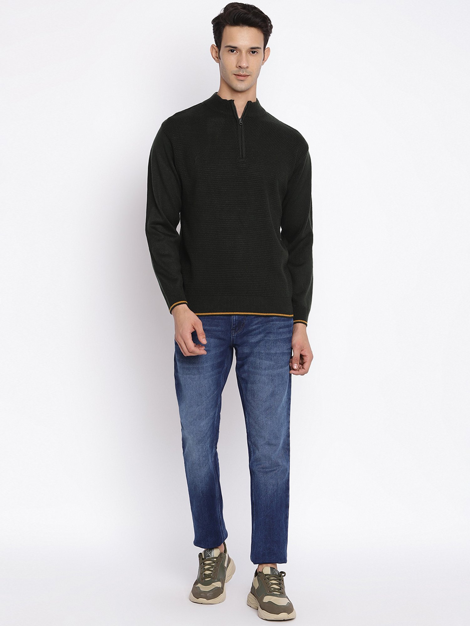 Cantabil Dark Olive Regular Fit Self Design Sweater