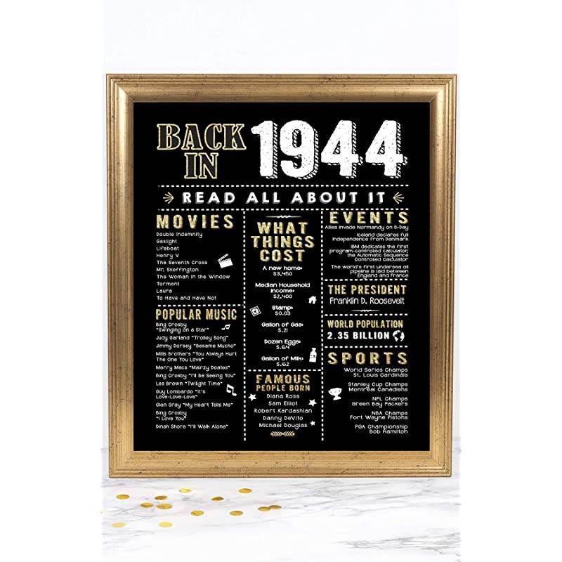 Katie Doodle 76th Birthday Party Decorations Supplies Anniversary Card Gifts for Men Women Turning 76 Years Old Includes 8x10 Back in 1944 Print Unframed Black and Gold