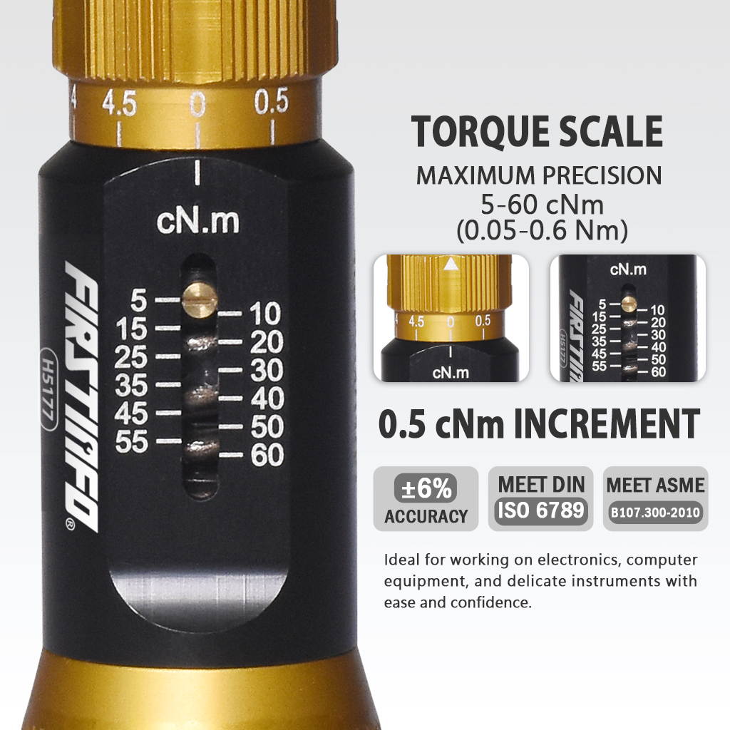 FIRSTINFO Ultra Precision Certified Torque Limiting Screwdriver, 1/4 Inch Universal Hex Quick Release Bit Holder, 5-60 cNm (0.05-0.6 Nm)