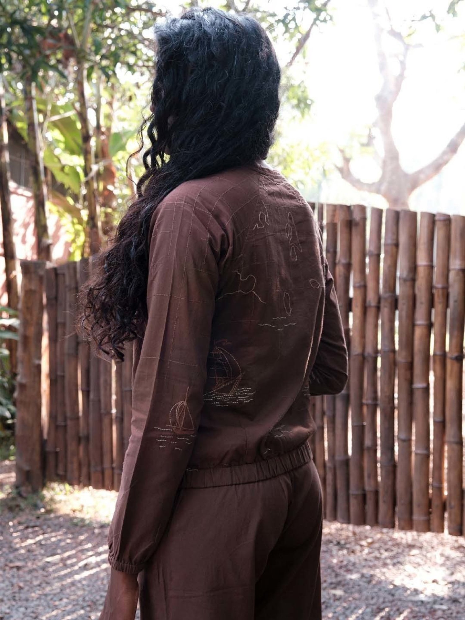 Okhai Globe Brown Pure Cotton Hand Embroidered Bomber Jacket