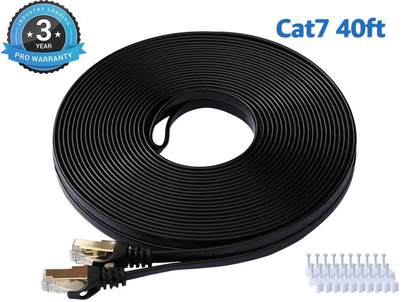 Cat 7 Ethernet Cable 100 ft LAN Cable Internet Network Cord for PS4, Xbox, Router, Modem, Gaming, Black Flat Shielded 10 Gigabit RJ45 High Speed Computer Patch Wire.