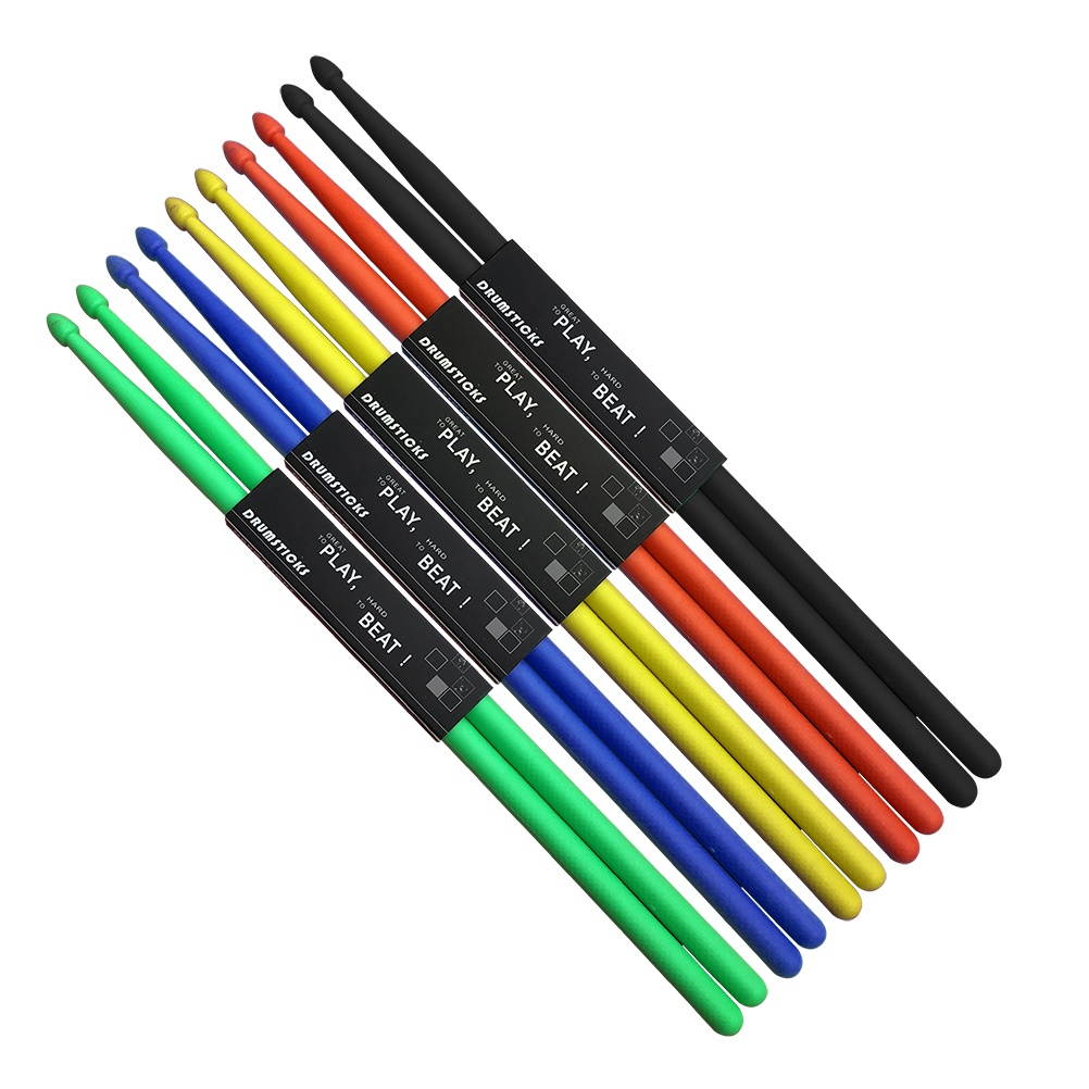 5 Pairs of Nylon Drumstick Drum Sticks Set Wood Tip Drumstick Percussion Lightweight (Yellow Red Green Blue Black)