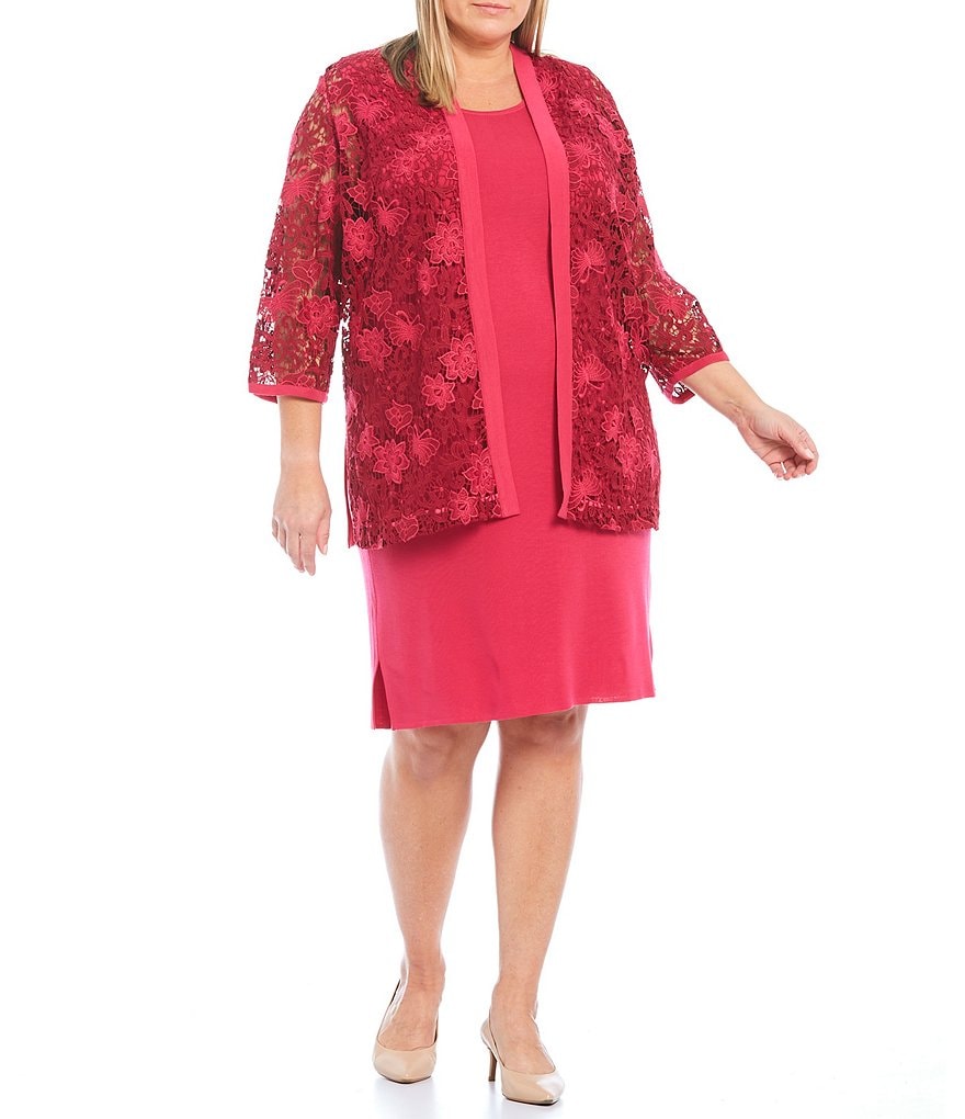 Ming Wang Plus Size 3/4 Sleeve Lace Front Embroidery Jacket