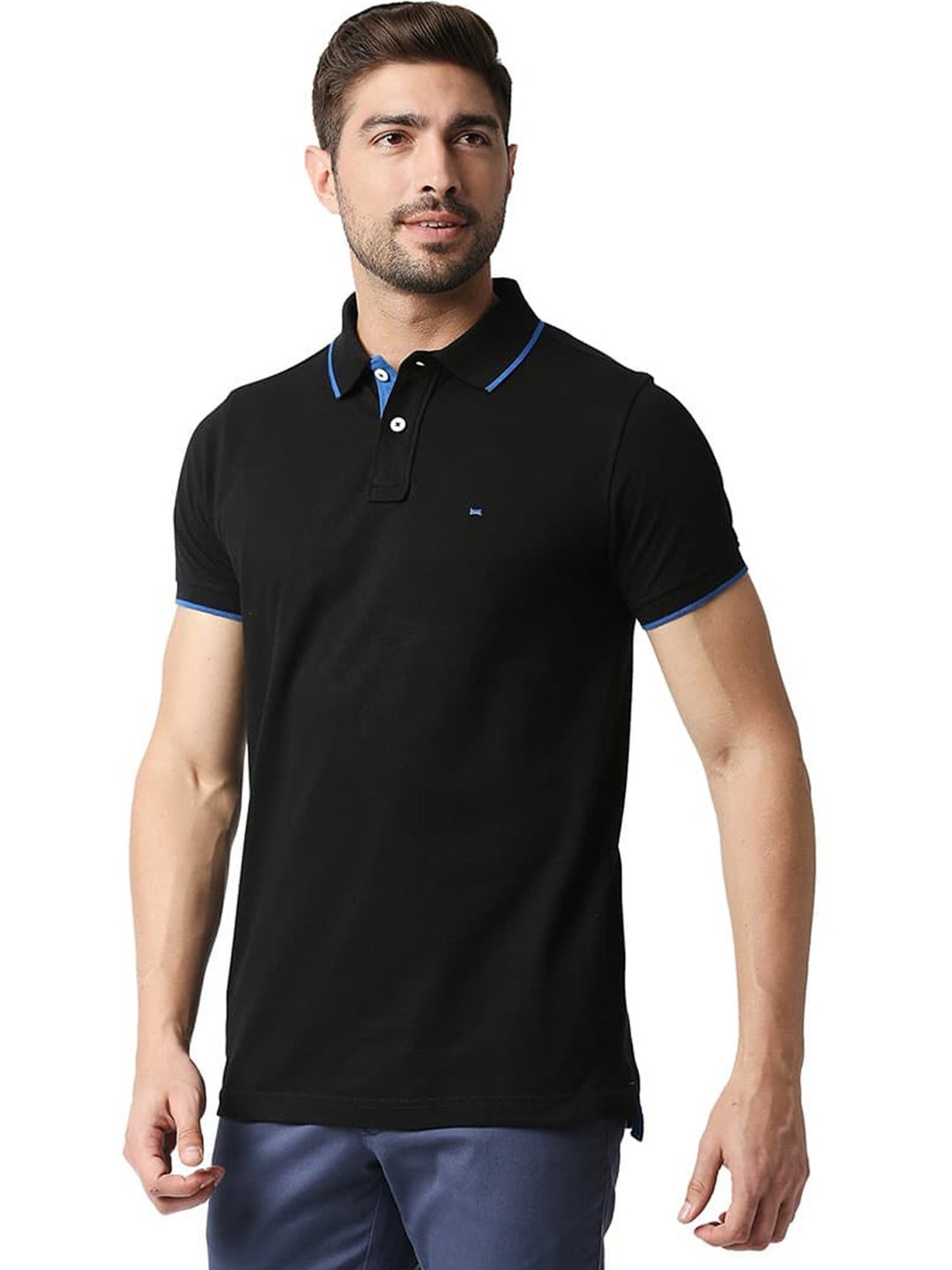 Basics Black Beauty Cotton Muscle Fit Polo T-Shirt