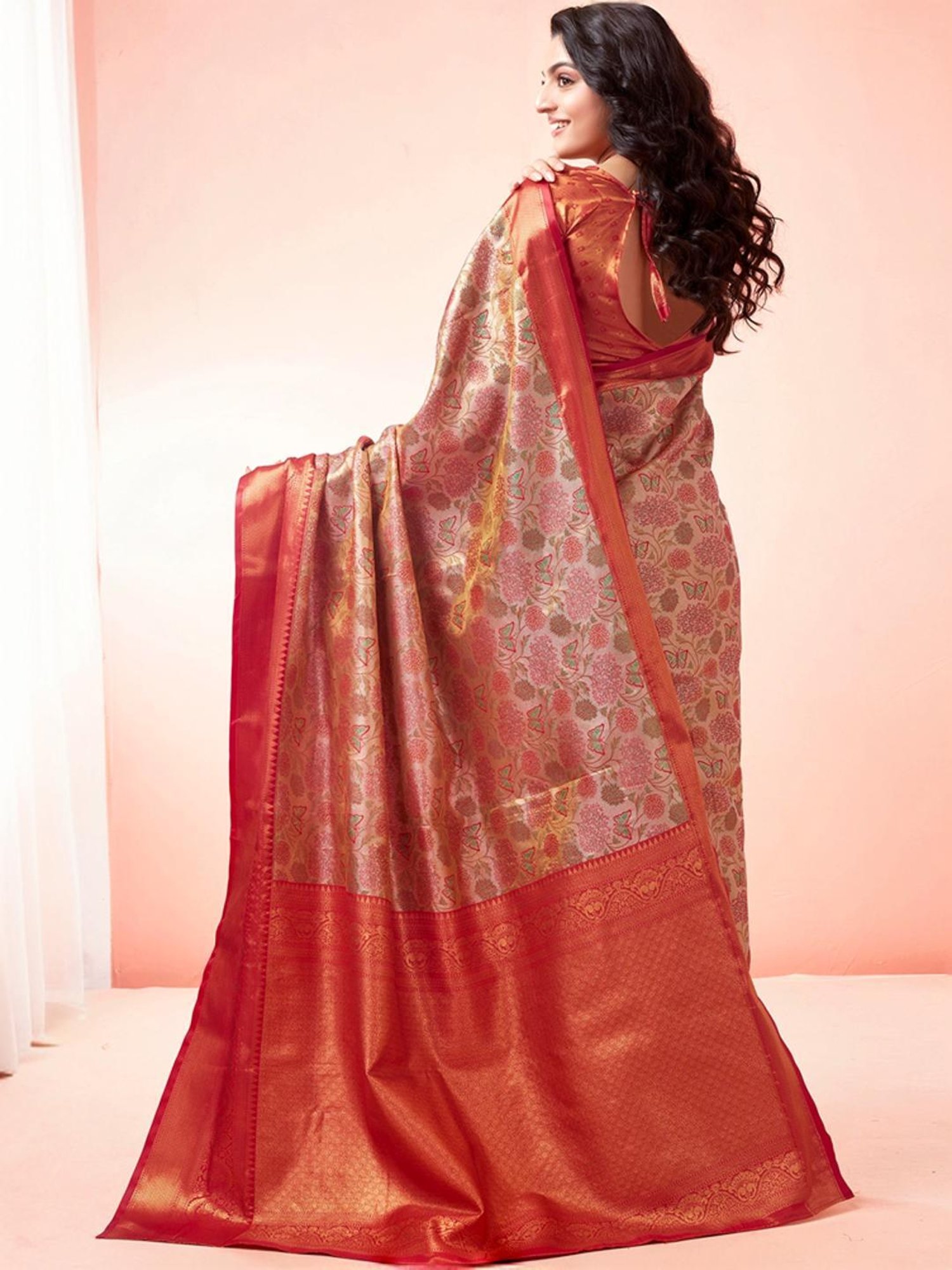 Satrani Beige & Maroon Woven Saree With Unstitched Blouse