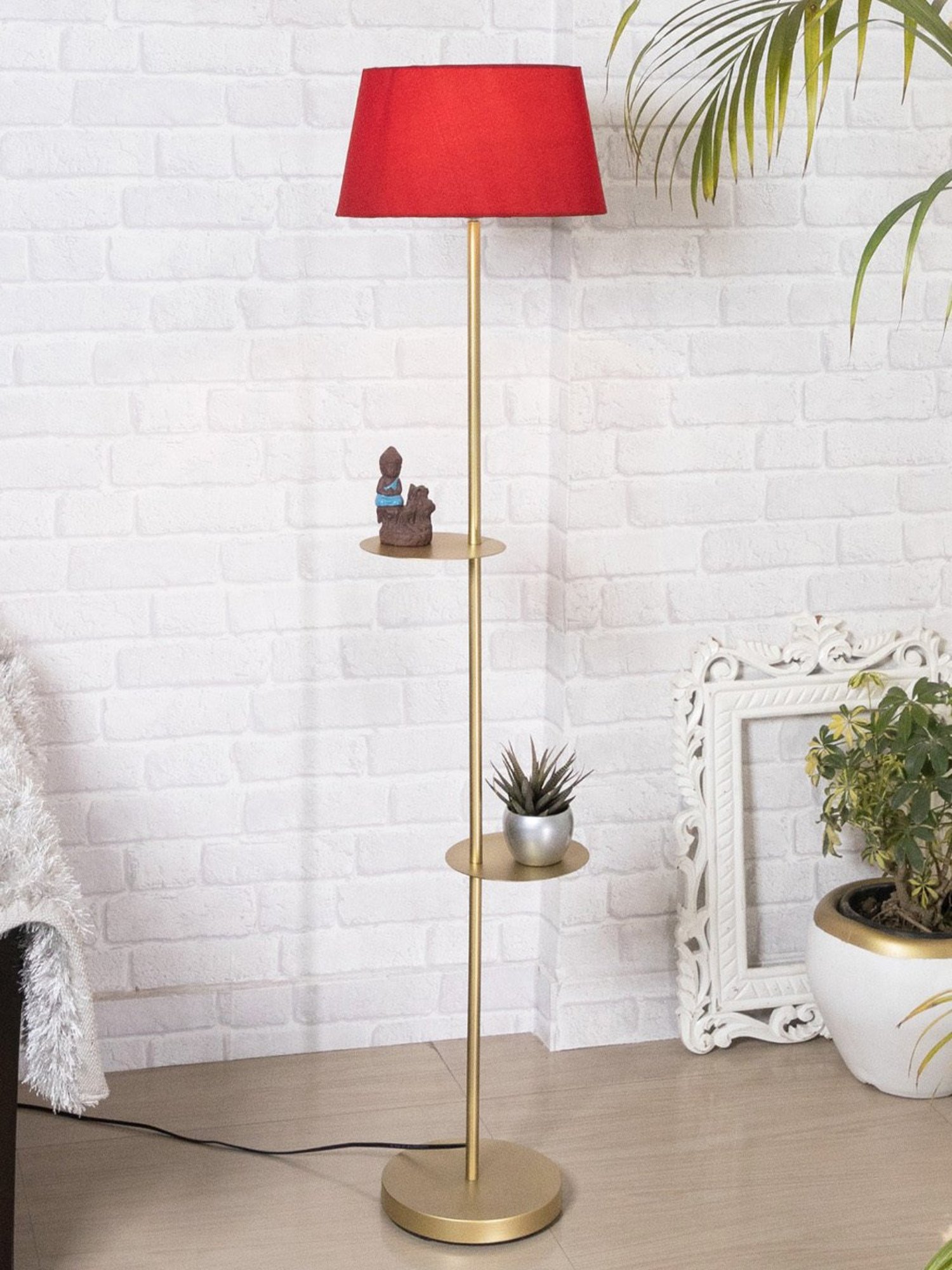 Homesake 'Duo Shelf' Red & Golden Metal Tall Floor Lamp With Shade & Bulb - Set of 1