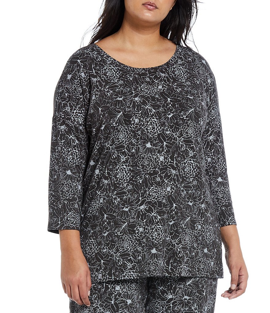 VAN WINKLE & CO. Plus Floral Print Round Neck 3/4 Sleeve Jersey Knit Sleep Top