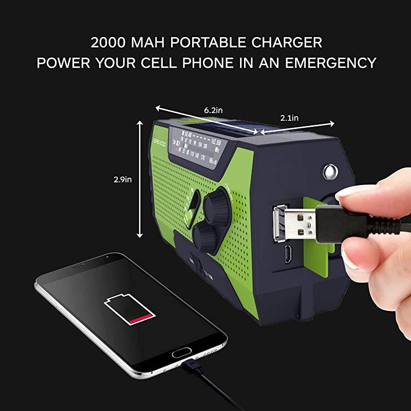 Weather Solar Crank AM/FM NOAA Radio with Portable 2000mAh Power Bank, Bright Flashlight and Reading Lamp for Household and Outdoor Survival (Green)