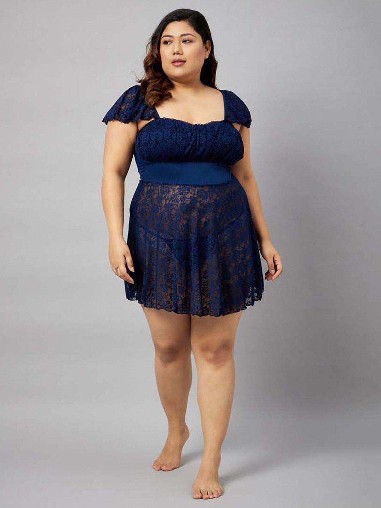 Secrets By ZeroKaata Black & Blue Lace Work Babydoll with Panty - Pack Of 2