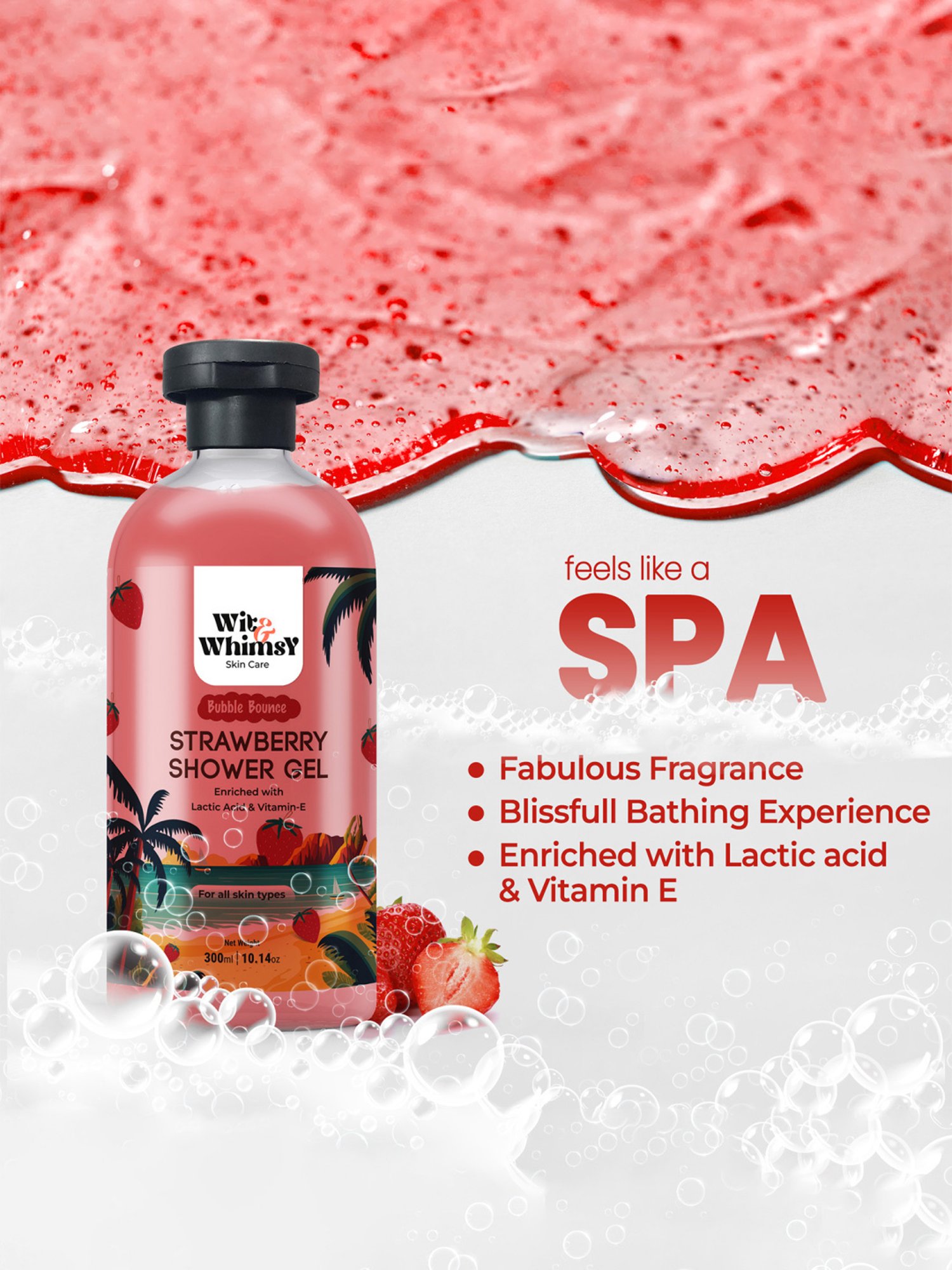 Wit & Whimsy Bubble Bounce Strawberry Shower Gel - 300 ml