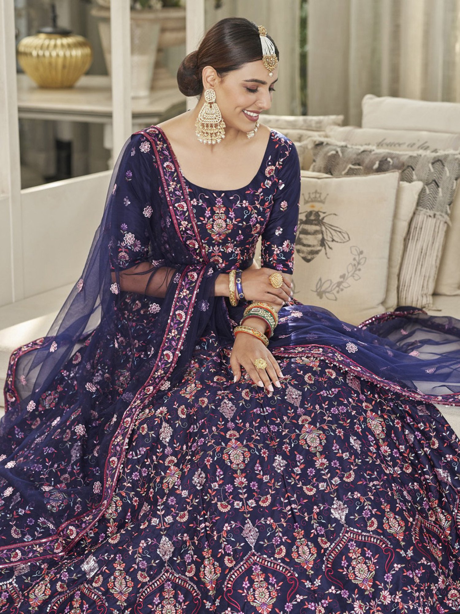 SHUBHKALA Blue Silk Embroidered Lehenga and Choli Set With Dupatta