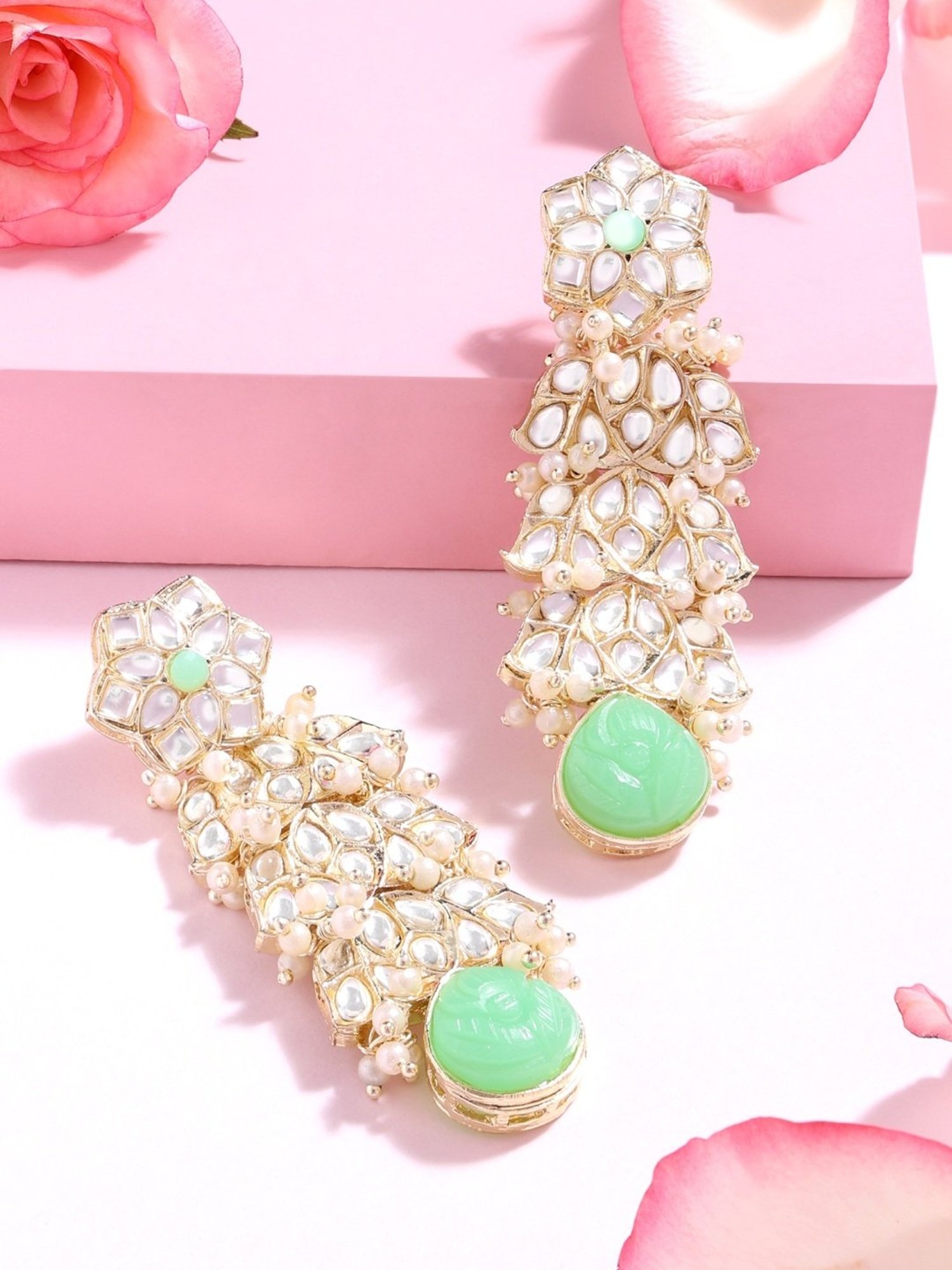 Zaveri Pearls Green Stones Traditional Kundan Dangle Earring-ZPFK14612