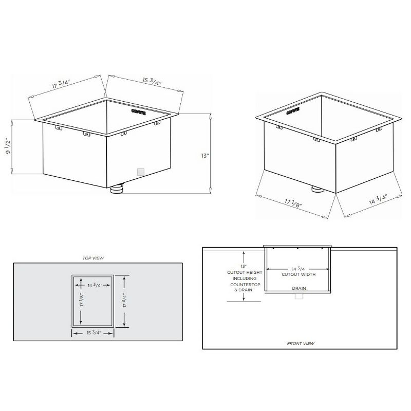 Coyote C1SINK1618 Universal 16x18 Inch Stainless Steel Sink with Drain & Strainer